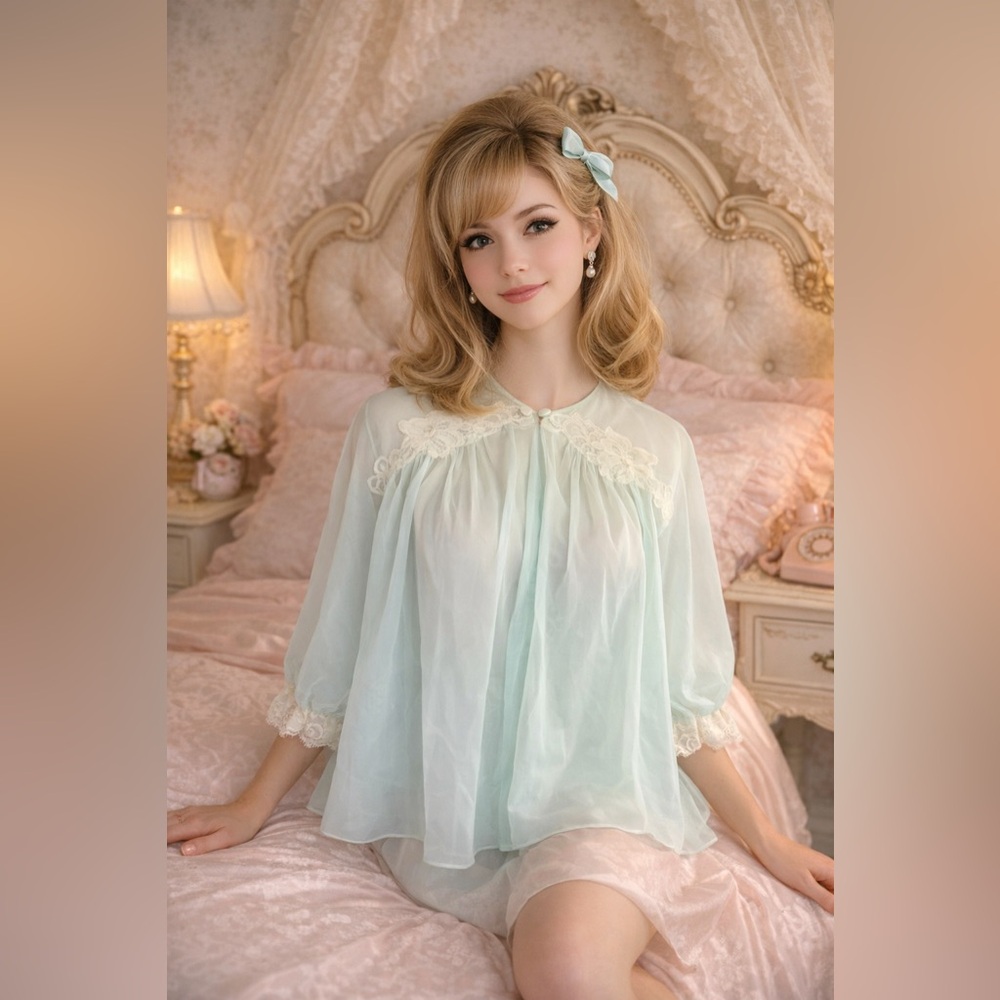 VANITY FAIR Woman's Vintage 60’s Mint Cream Lace Bed Jacket Nightie Topper M